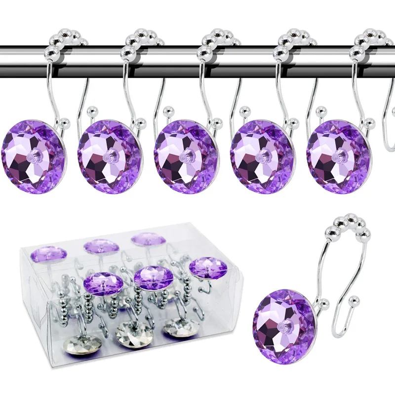 12PCS Round Colorful Transparent Rhinestone Metal Shower Curtain Hooks - Anti-Rust Glide Rings