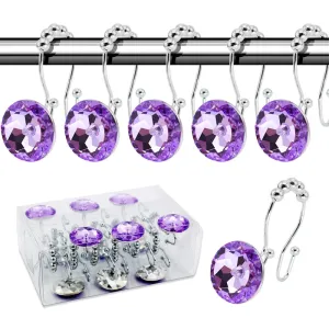 12PCS Round Colorful Transparent Rhinestone Metal Shower Curtain Hooks - Anti-Rust Glide Rings