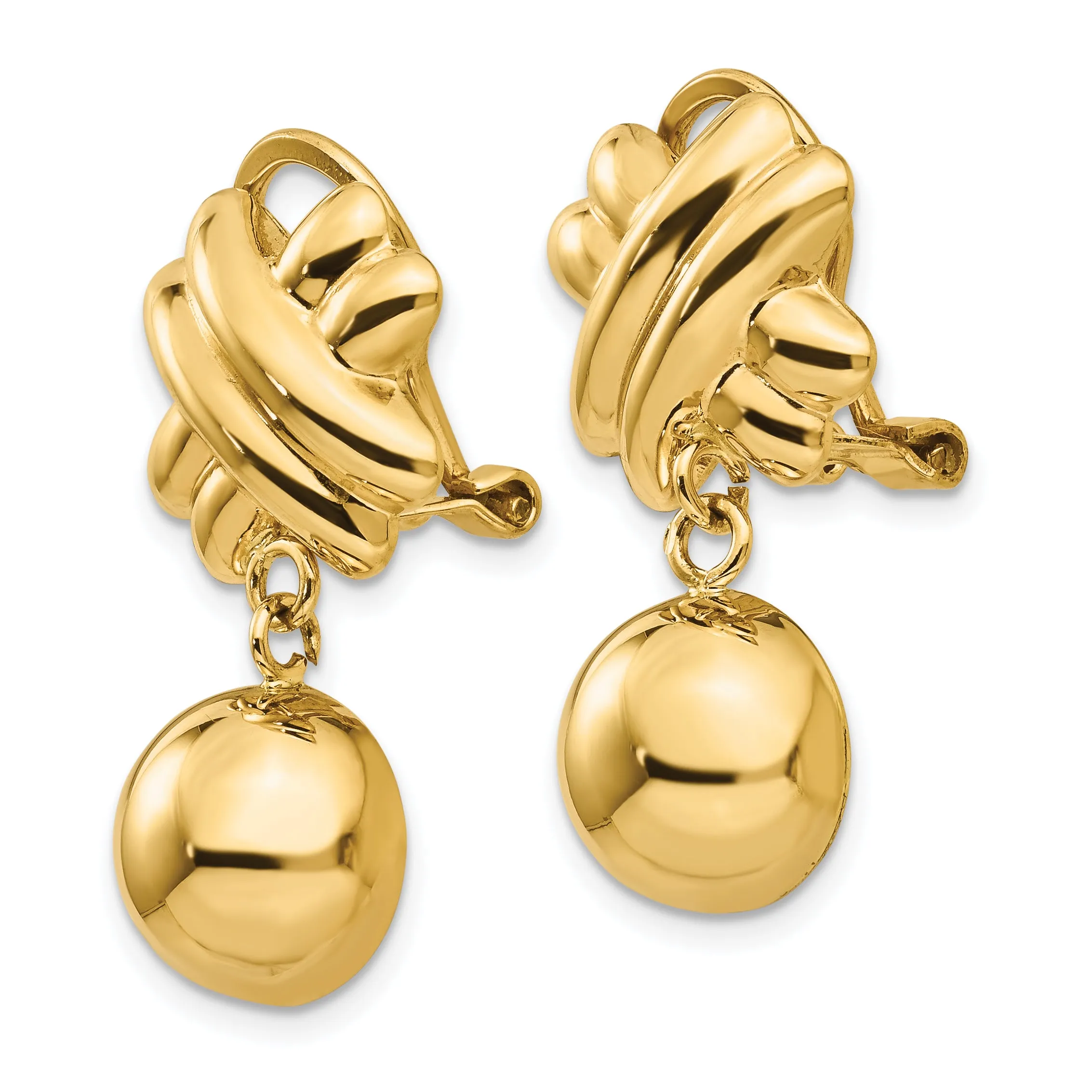 14K Gold Non-Pierced Drop Earrings with Polished Hollow Design