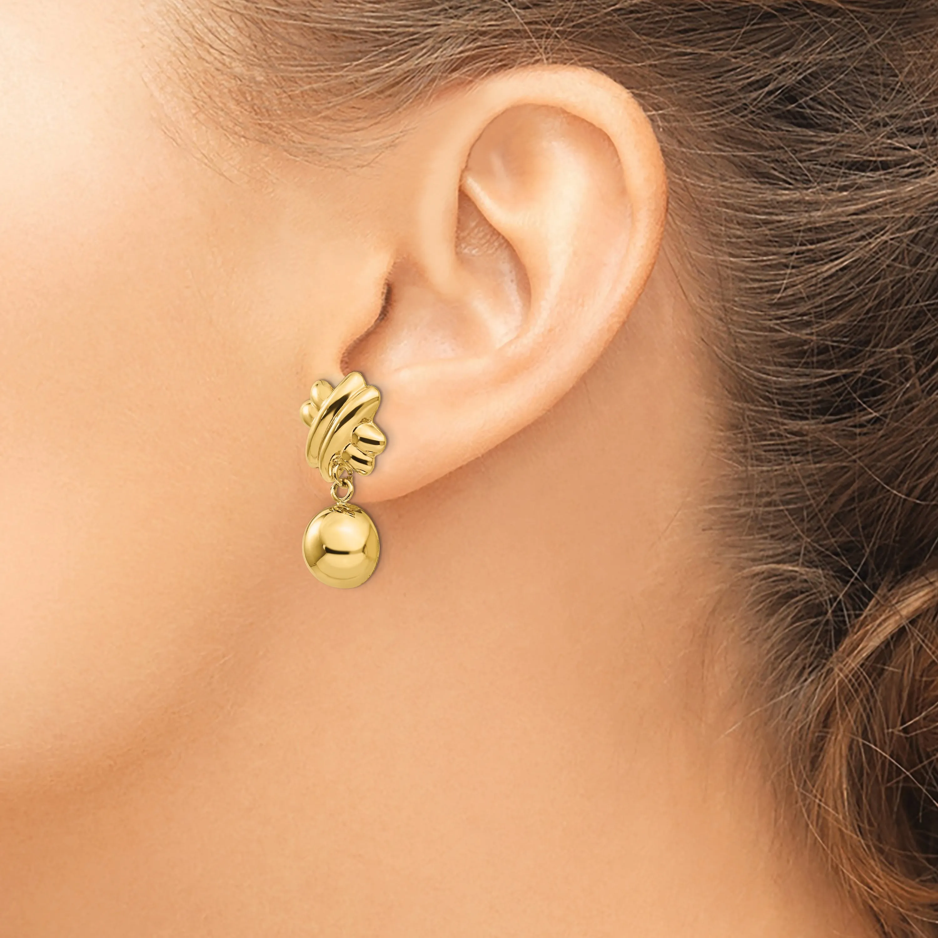 14K Gold Non-Pierced Drop Earrings with Polished Hollow Design