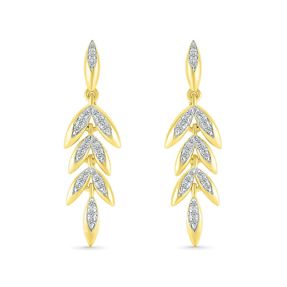 1/5ctw Diamond Leaf Yellow Gold Drop Earrings