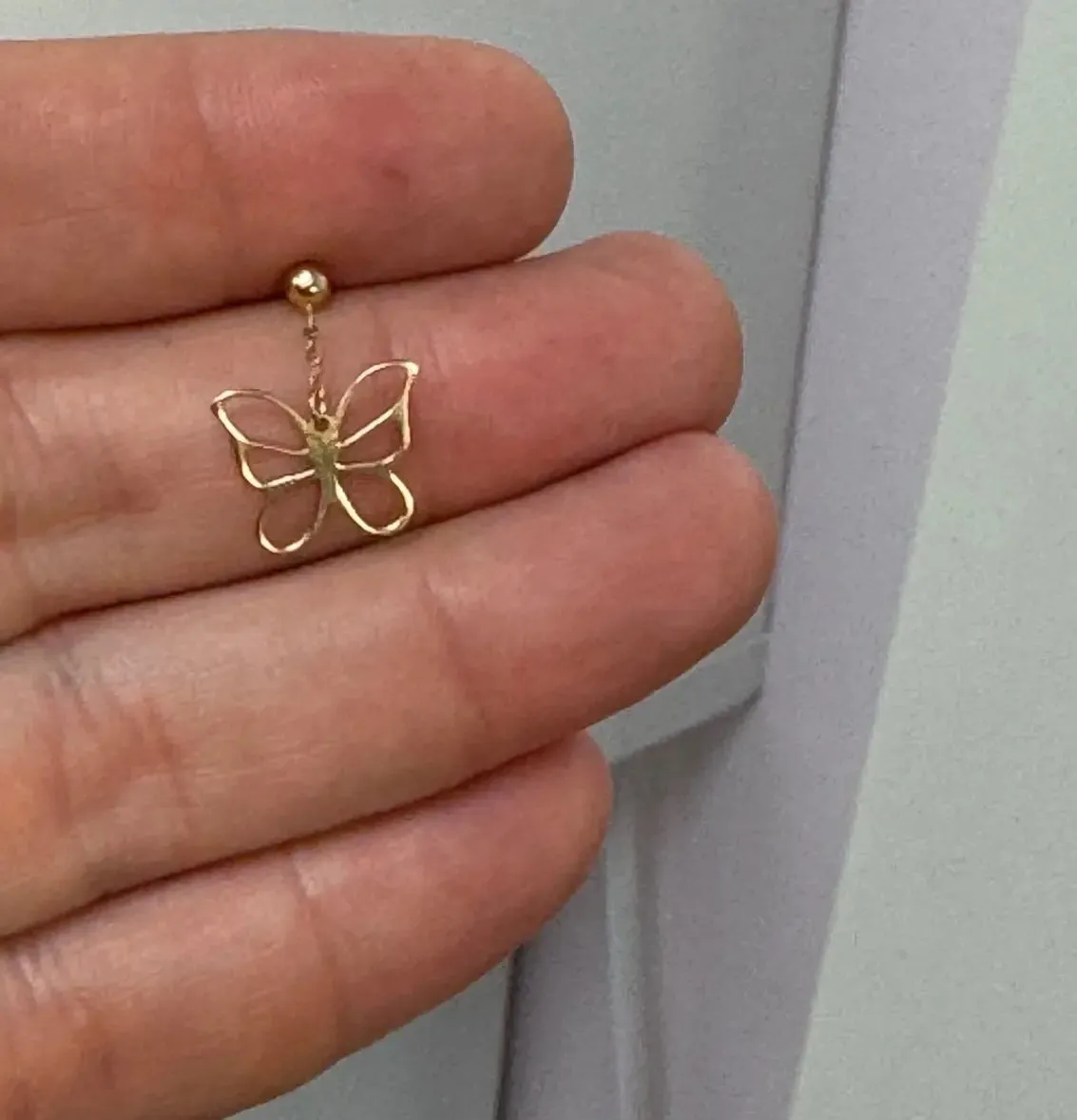 18K Solid Yellow Gold Dangle Open Butterfly Post Earrings 
