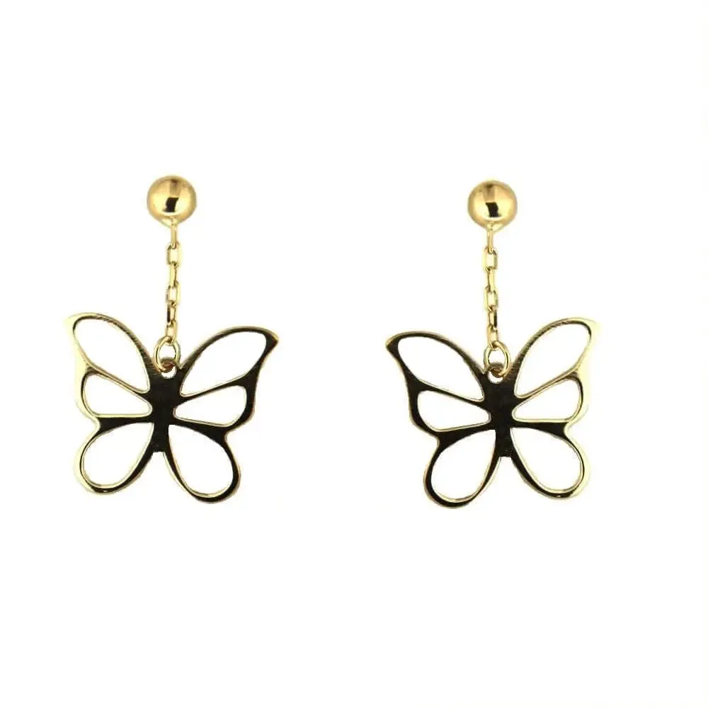 18K Solid Yellow Gold Dangle Open Butterfly Post Earrings 