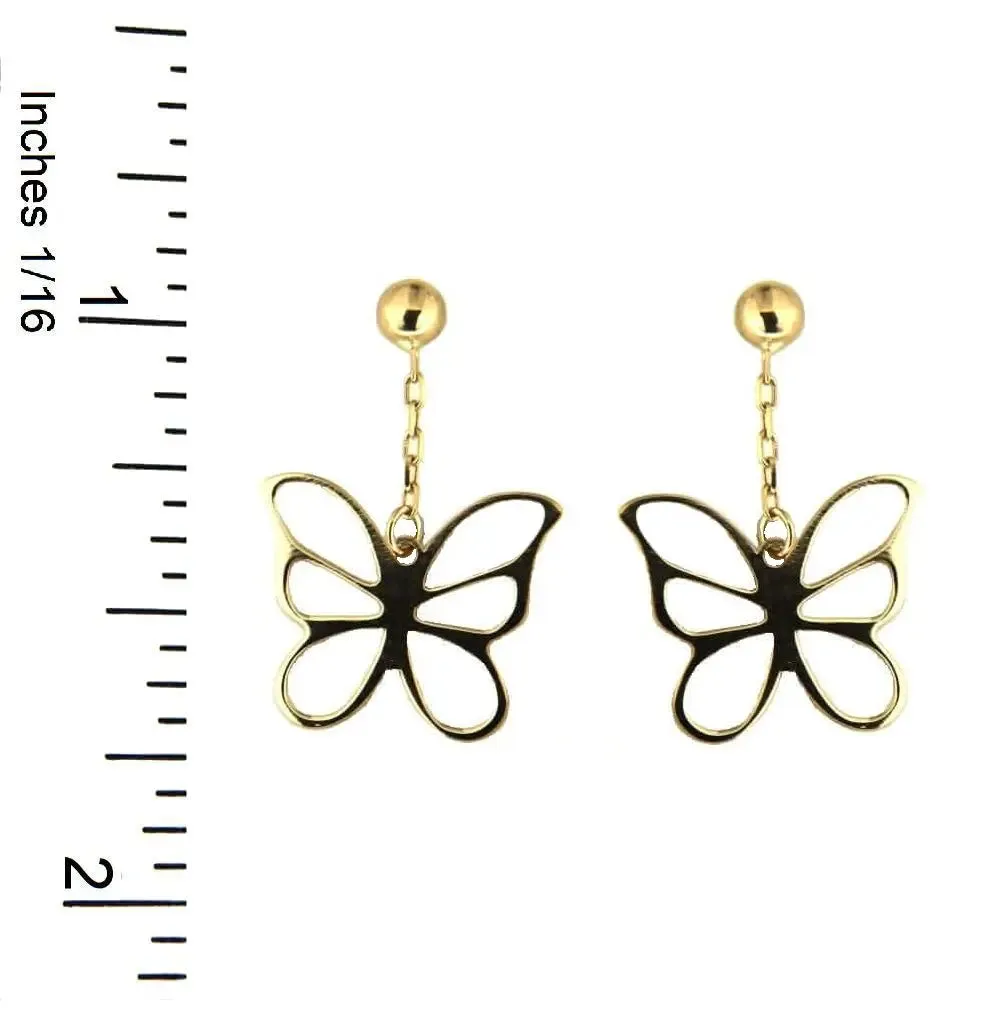 18K Solid Yellow Gold Dangle Open Butterfly Post Earrings 