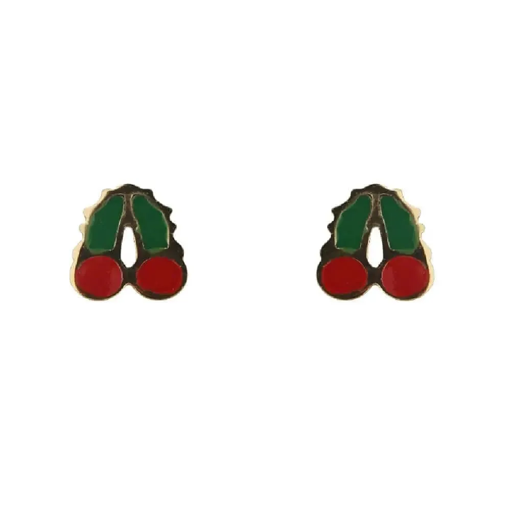 18K Solid Yellow Gold Flat Enamel Cherry Post Earrings