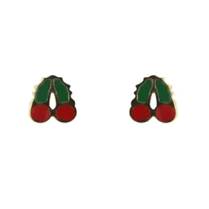 18K Solid Yellow Gold Flat Enamel Cherry Post Earrings