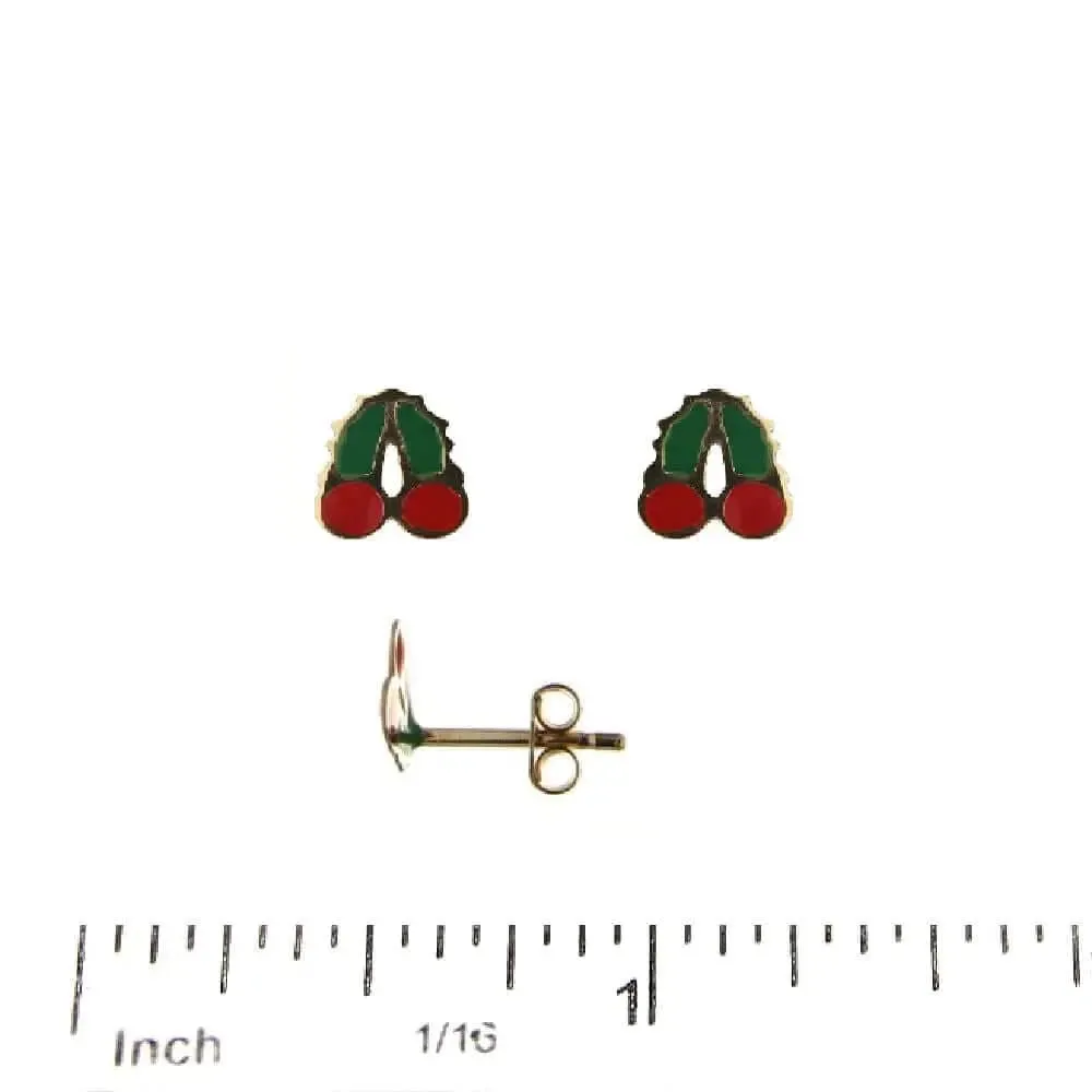18K Solid Yellow Gold Flat Enamel Cherry Post Earrings
