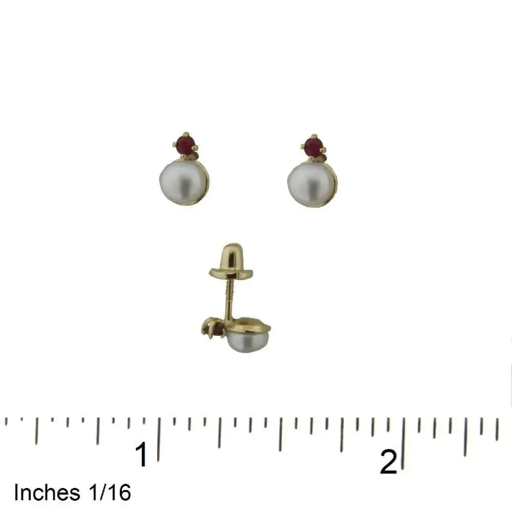 18K Yellow Gold Cultivated Pearl and Ruby Screwback Earrings