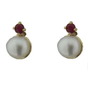 18K Yellow Gold Cultivated Pearl and Ruby Screwback Earrings