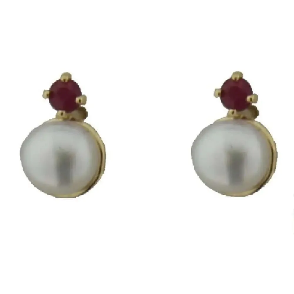 18K Yellow Gold Cultivated Pearl and Ruby Screwback Earrings