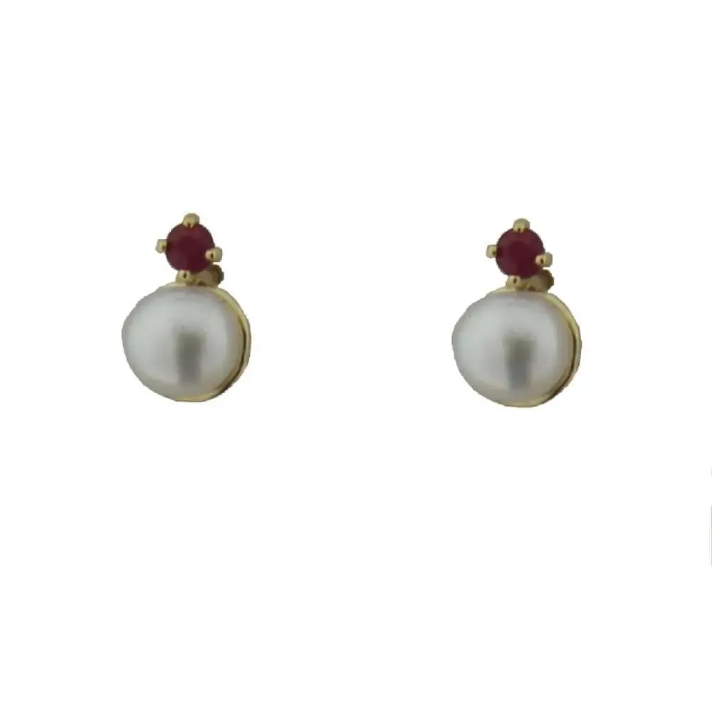 18K Yellow Gold Cultivated Pearl and Ruby Screwback Earrings
