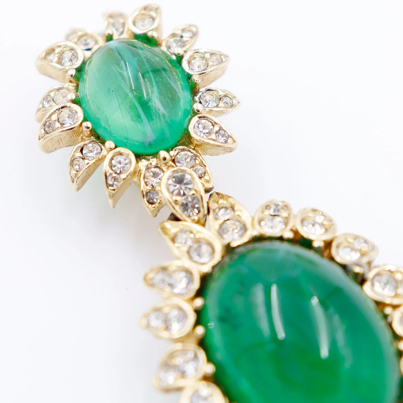 1980s Vintage Ciner Green Drop Statement Earrings w Crystals