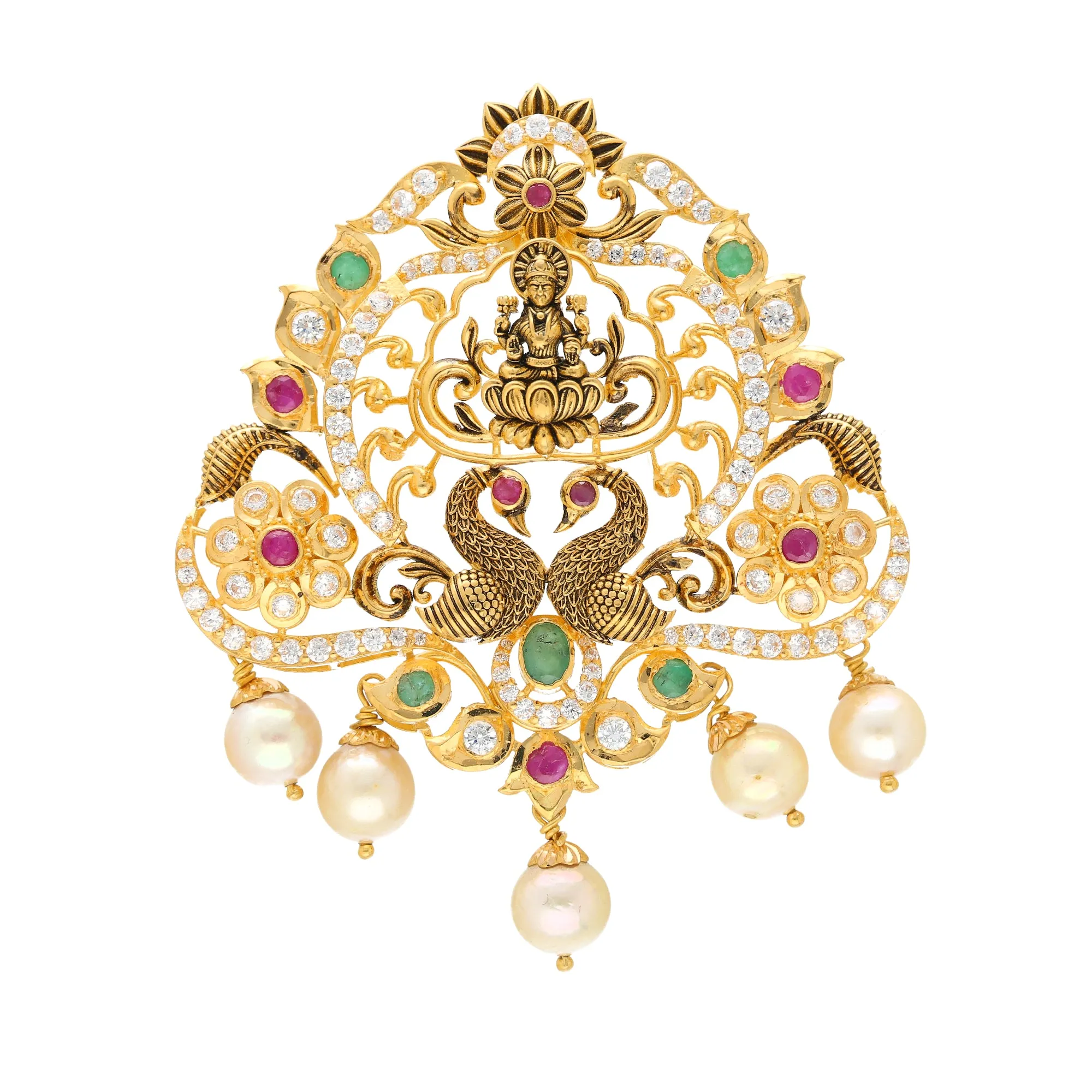 22K Yellow Gold Laxmi Pendant w/ Emeralds, Rubies, CZ, and Pearls (21.2gm)