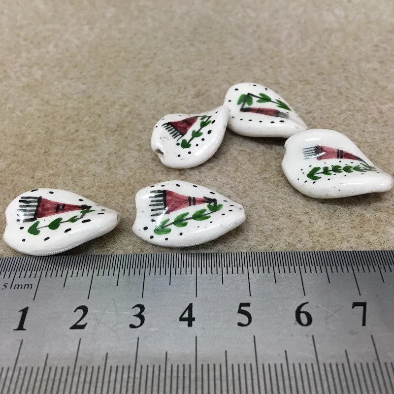 25x17mm Twisted Oval (5) - Farm Tool  - Ceramic Hand Painted Vintage Beads