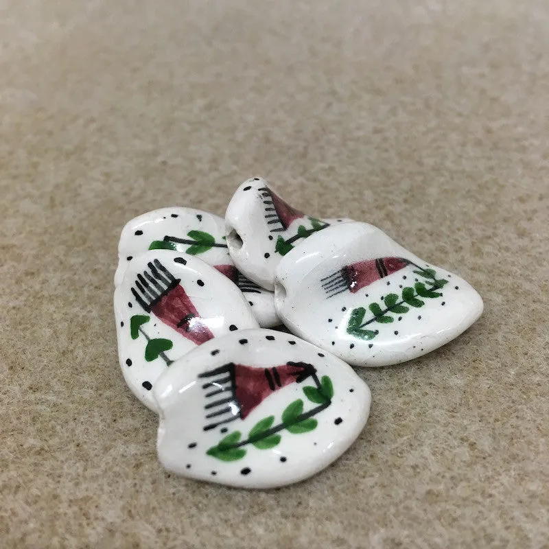 25x17mm Twisted Oval (5) - Farm Tool  - Ceramic Hand Painted Vintage Beads