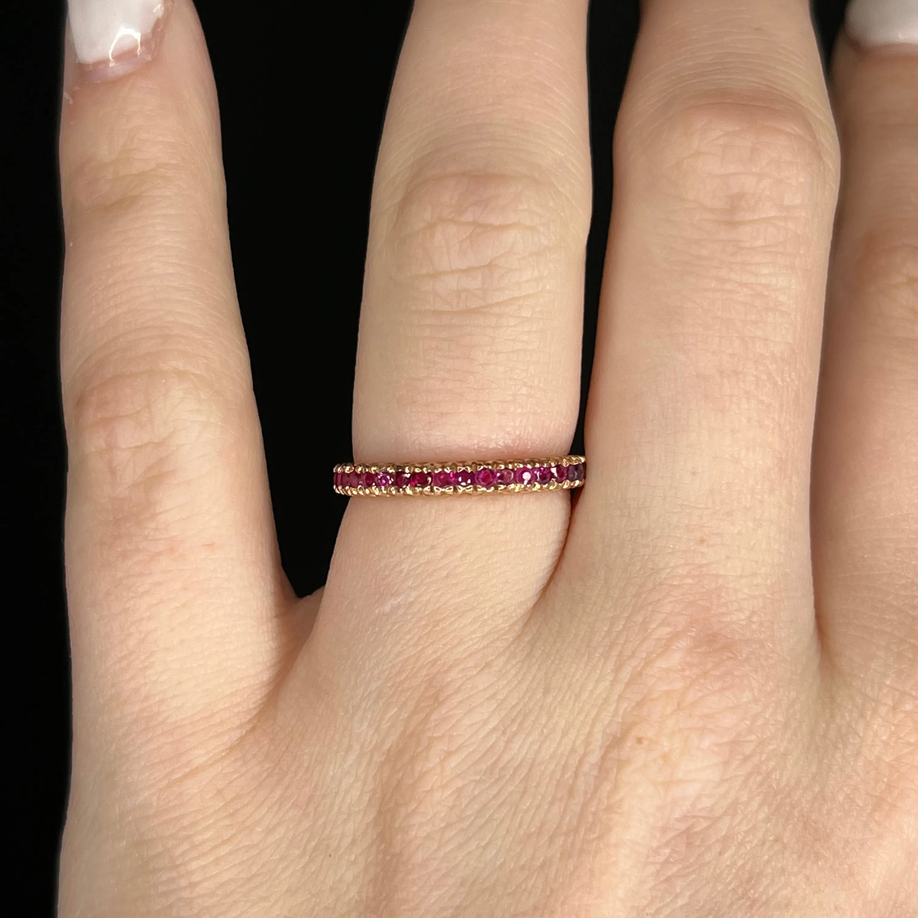 .95 Round Cut Ruby Eternity Wedding Band in 14k Rose Gold