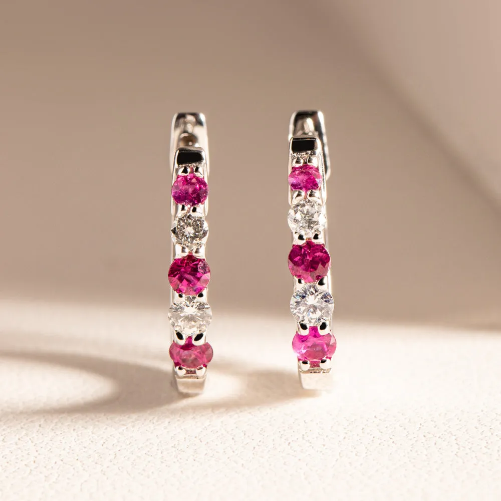 9ct White Gold Ruby & Diamond Huggie Earrings