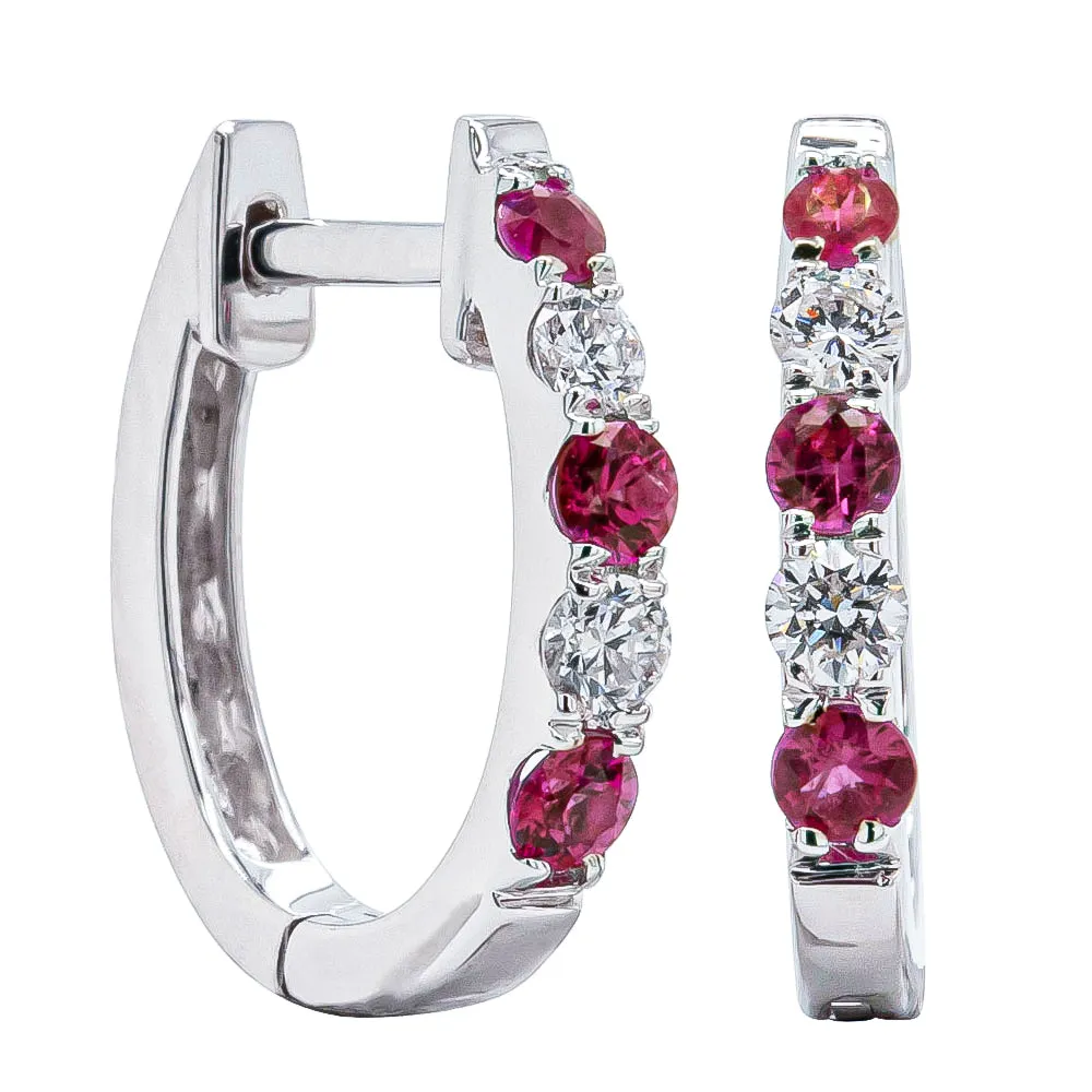 9ct White Gold Ruby & Diamond Huggie Earrings
