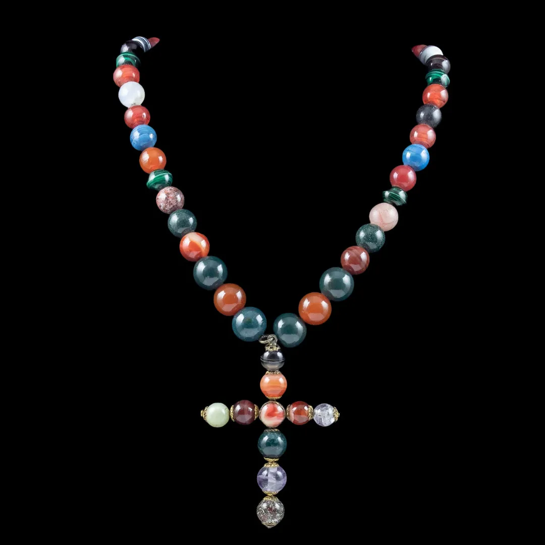 Antique Georgian Agate Glass Bead Cross Necklace