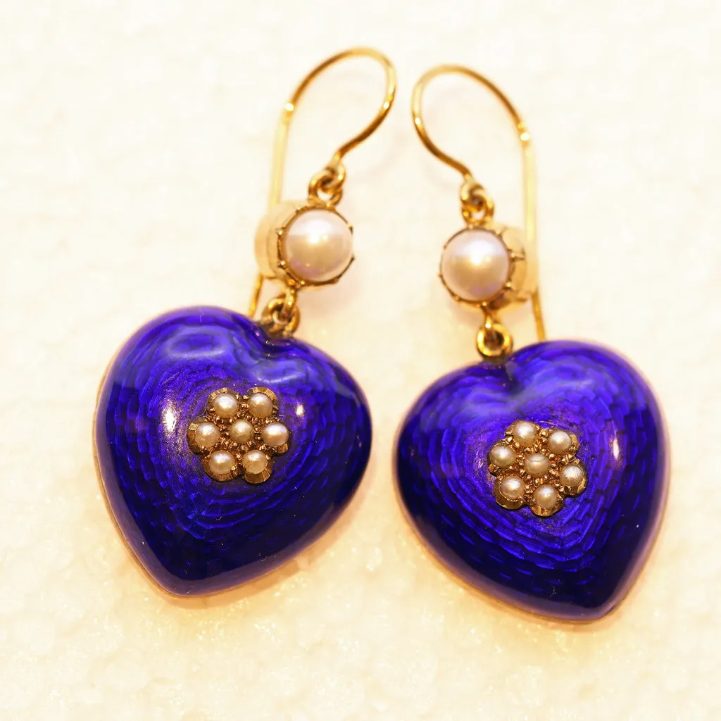 Antique Victorian earrings gold blue enamel pearls hearts English love (7524)