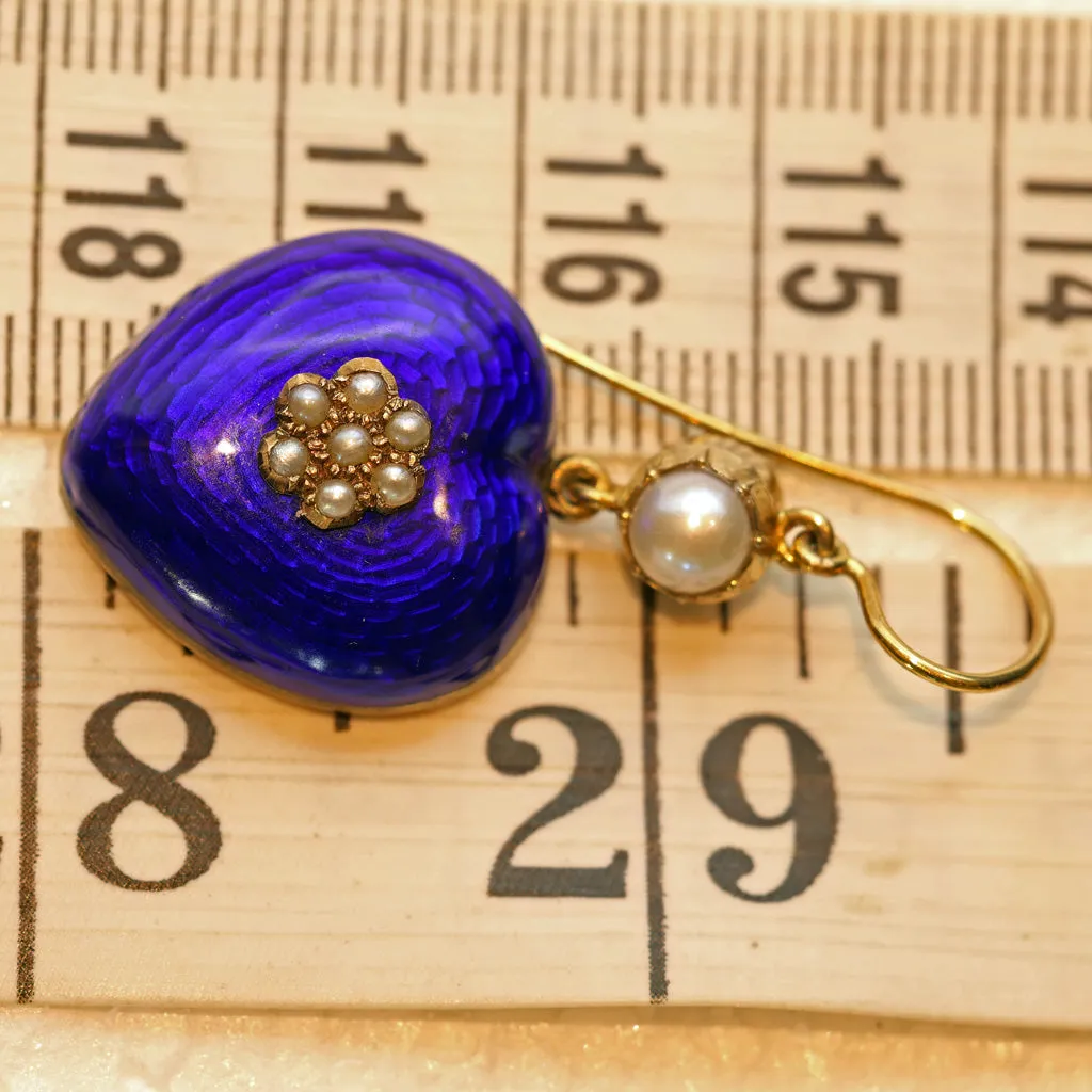 Antique Victorian earrings gold blue enamel pearls hearts English love (7524)