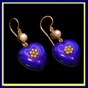 Antique Victorian earrings gold blue enamel pearls hearts English love (7524)