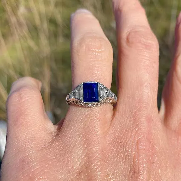 Art Deco Sapphire & Diamond Ring, Rect Step Cut 1.40