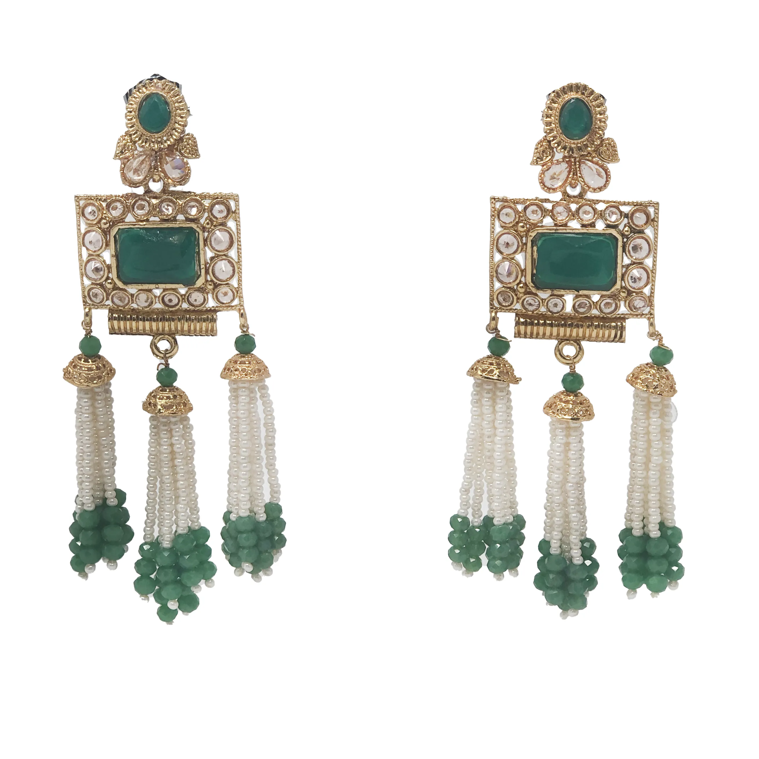 Bejeweled and Beaded Golden Earrings in Green