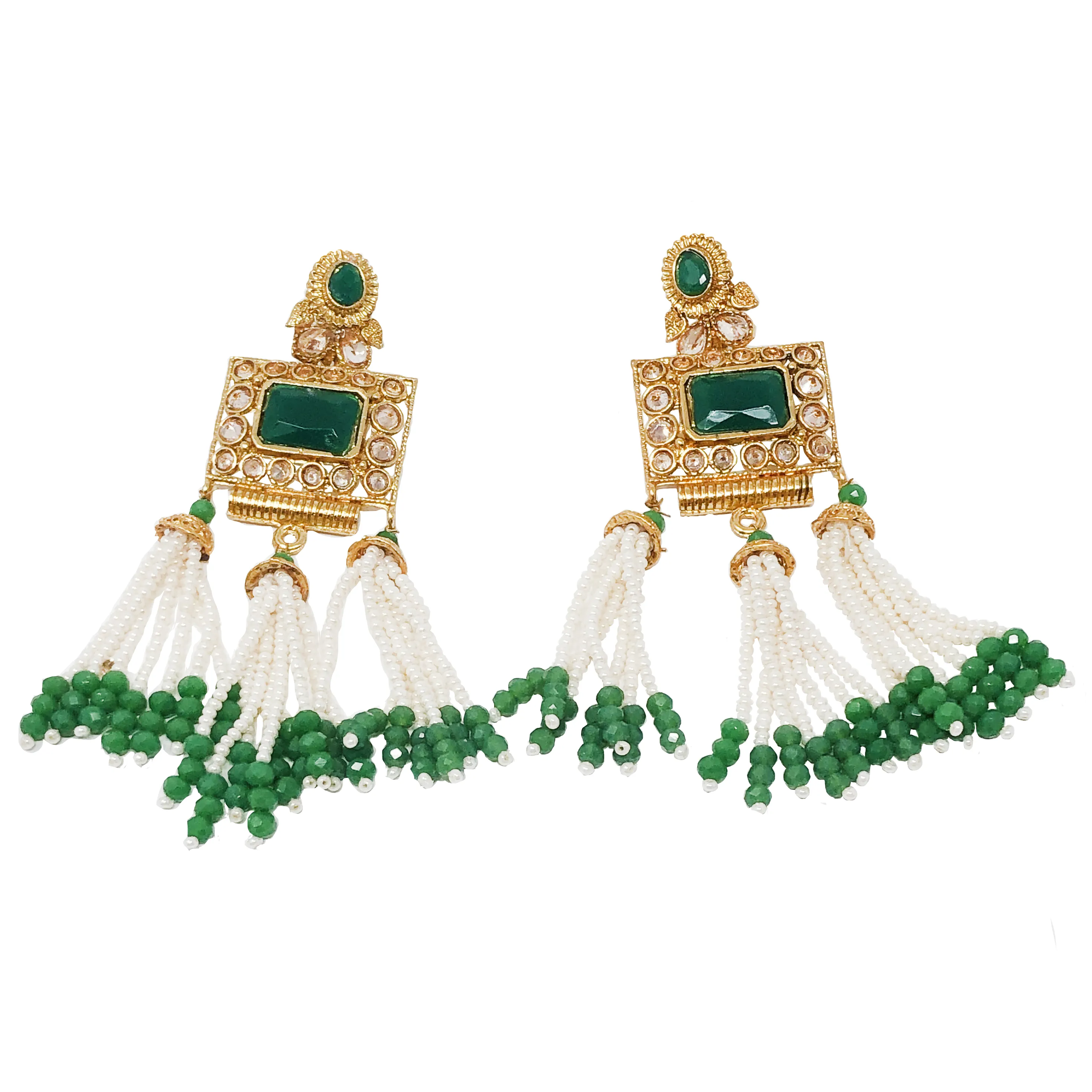 Bejeweled and Beaded Golden Earrings in Green