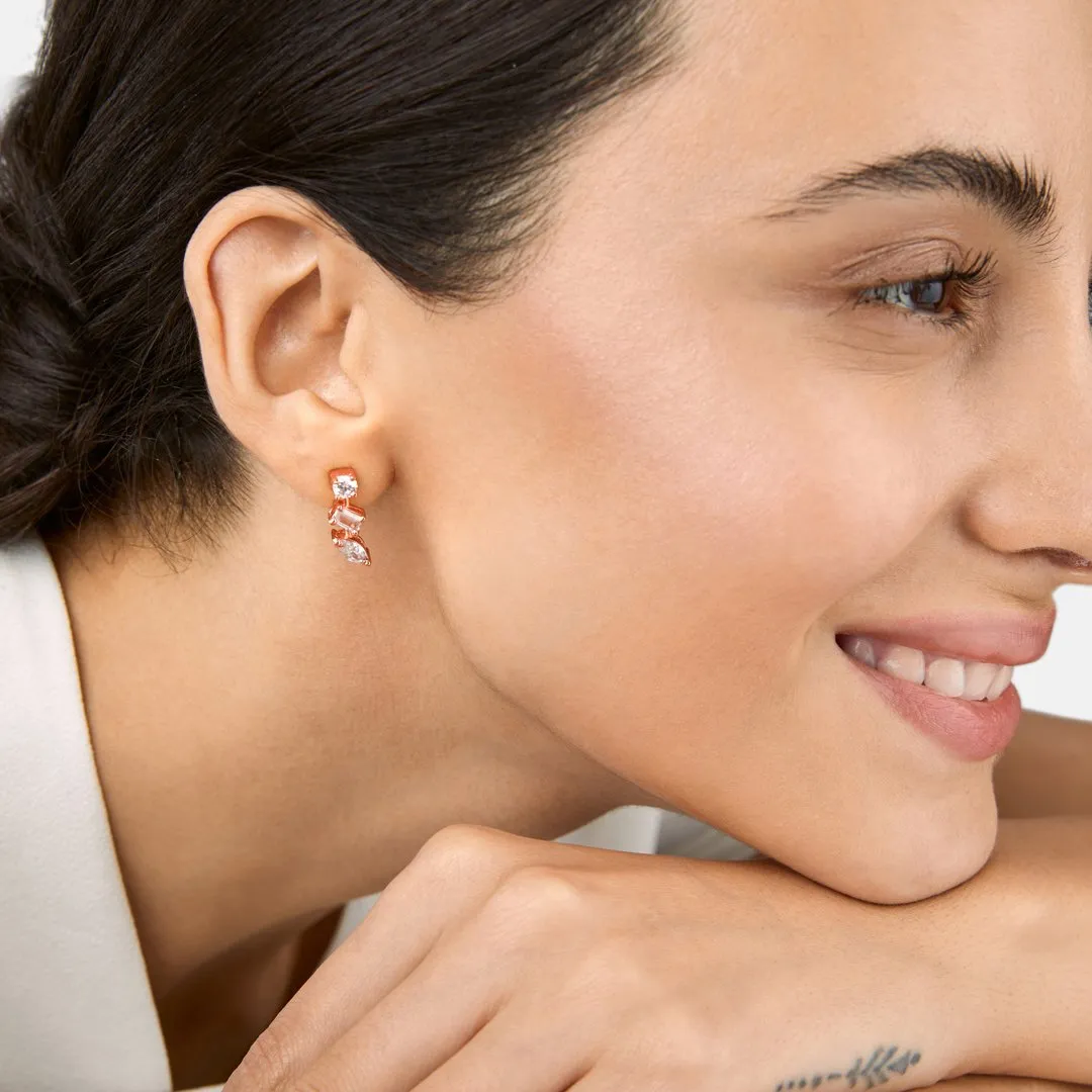 Brass 18k Rose Gold Mixed Shape Crystal Studs Earring Pair For Women