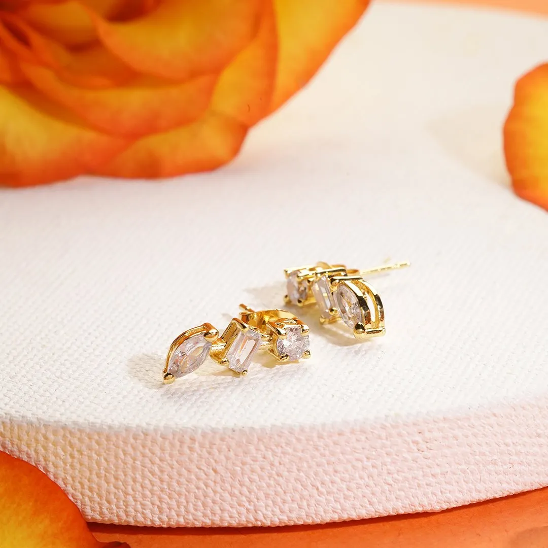 Brass 18k Rose Gold Mixed Shape Crystal Studs Earring Pair For Women