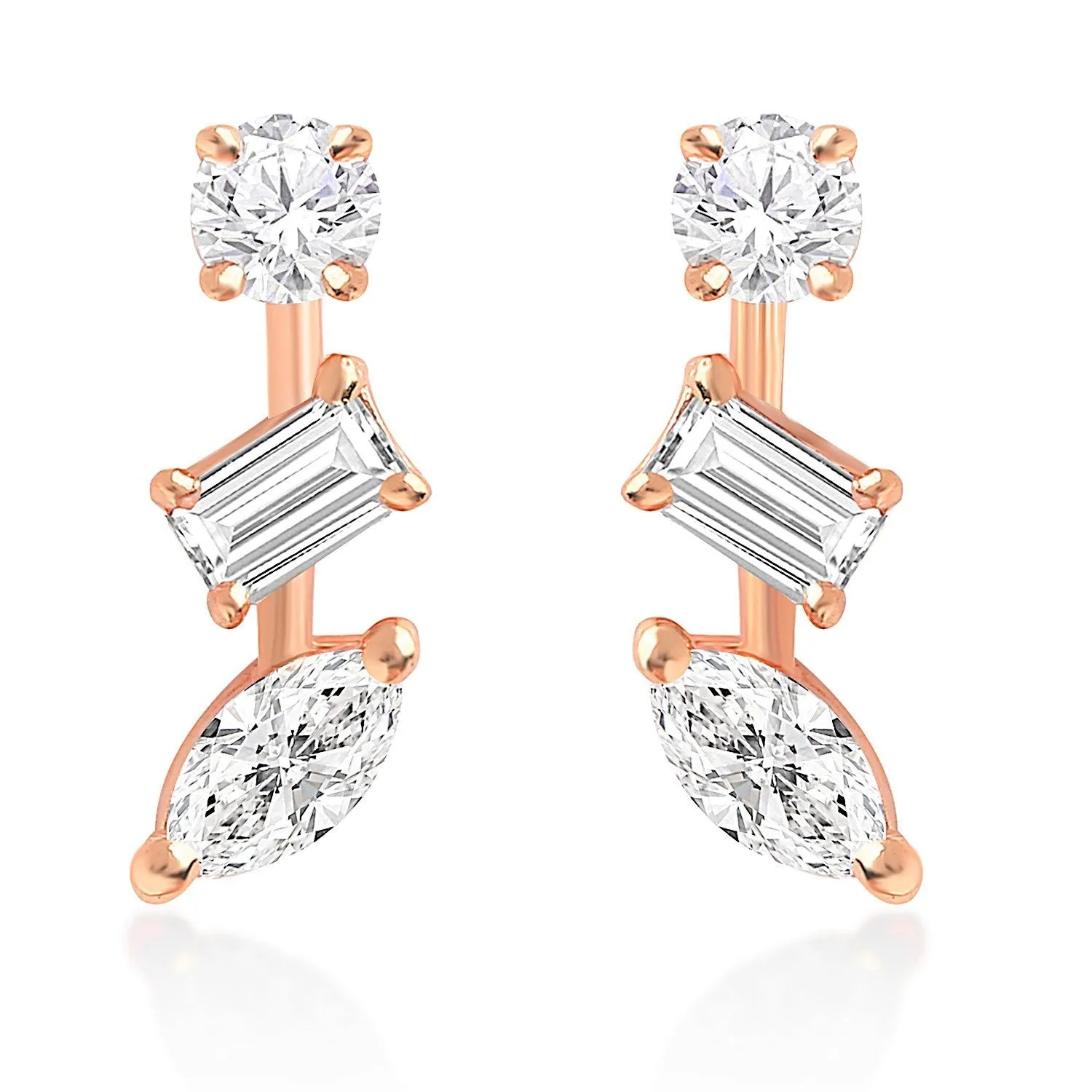 Brass 18k Rose Gold Mixed Shape Crystal Studs Earring Pair For Women