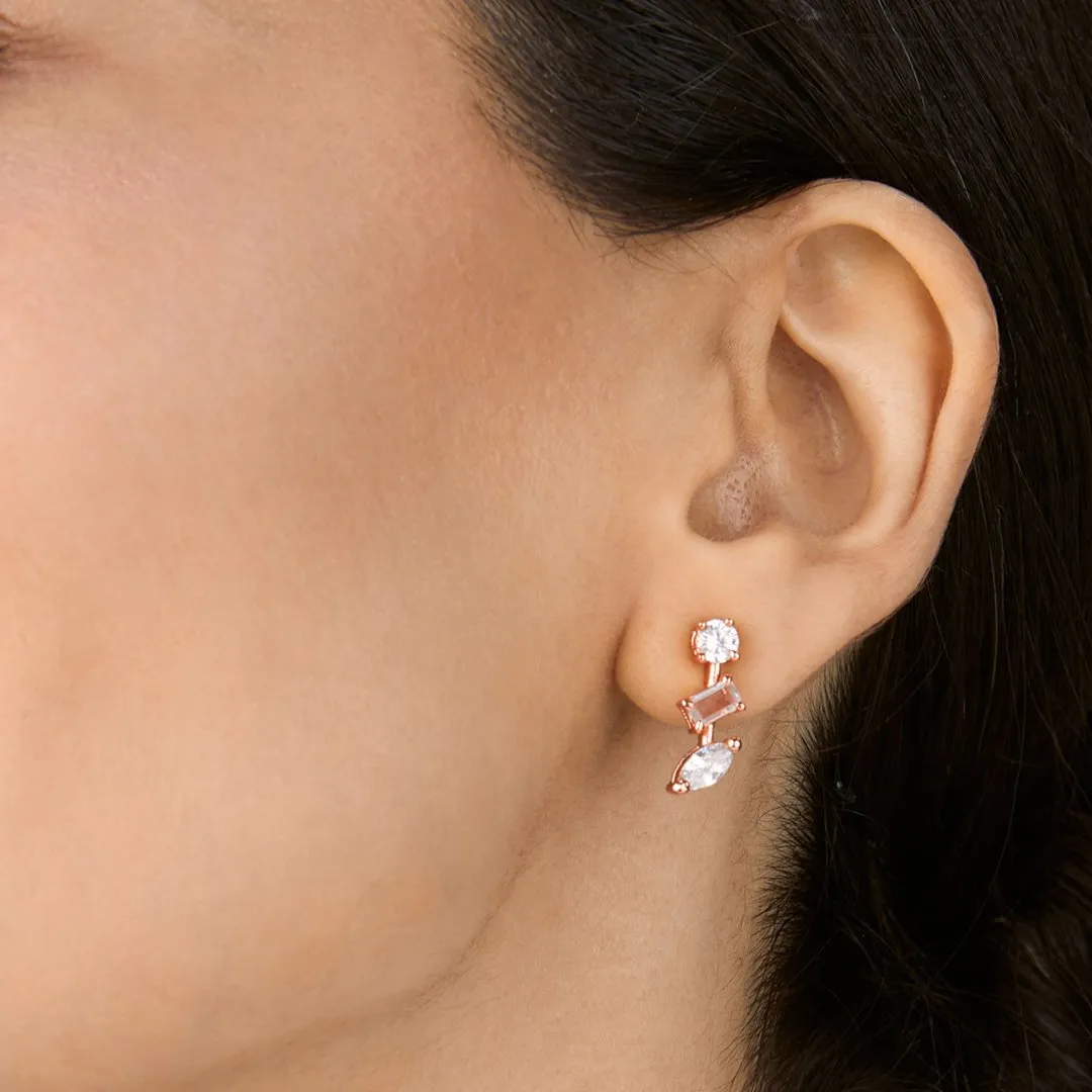 Brass 18k Rose Gold Mixed Shape Crystal Studs Earring Pair For Women