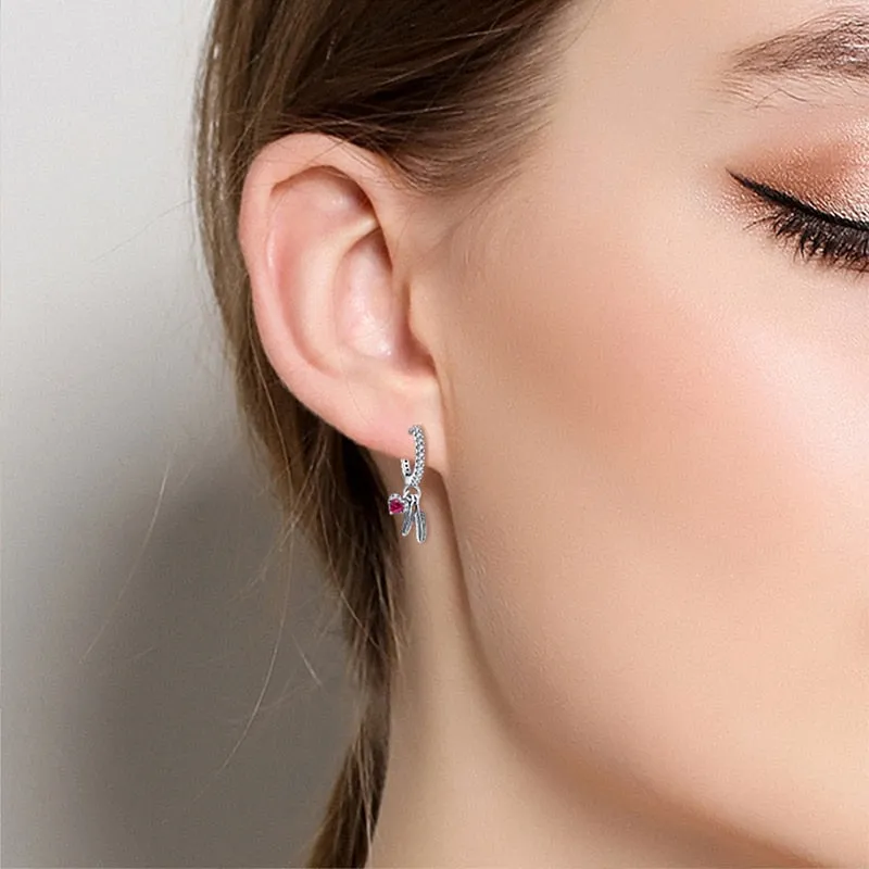 Classic Sparkling Pink Heart Zirconia Feather Earrings
