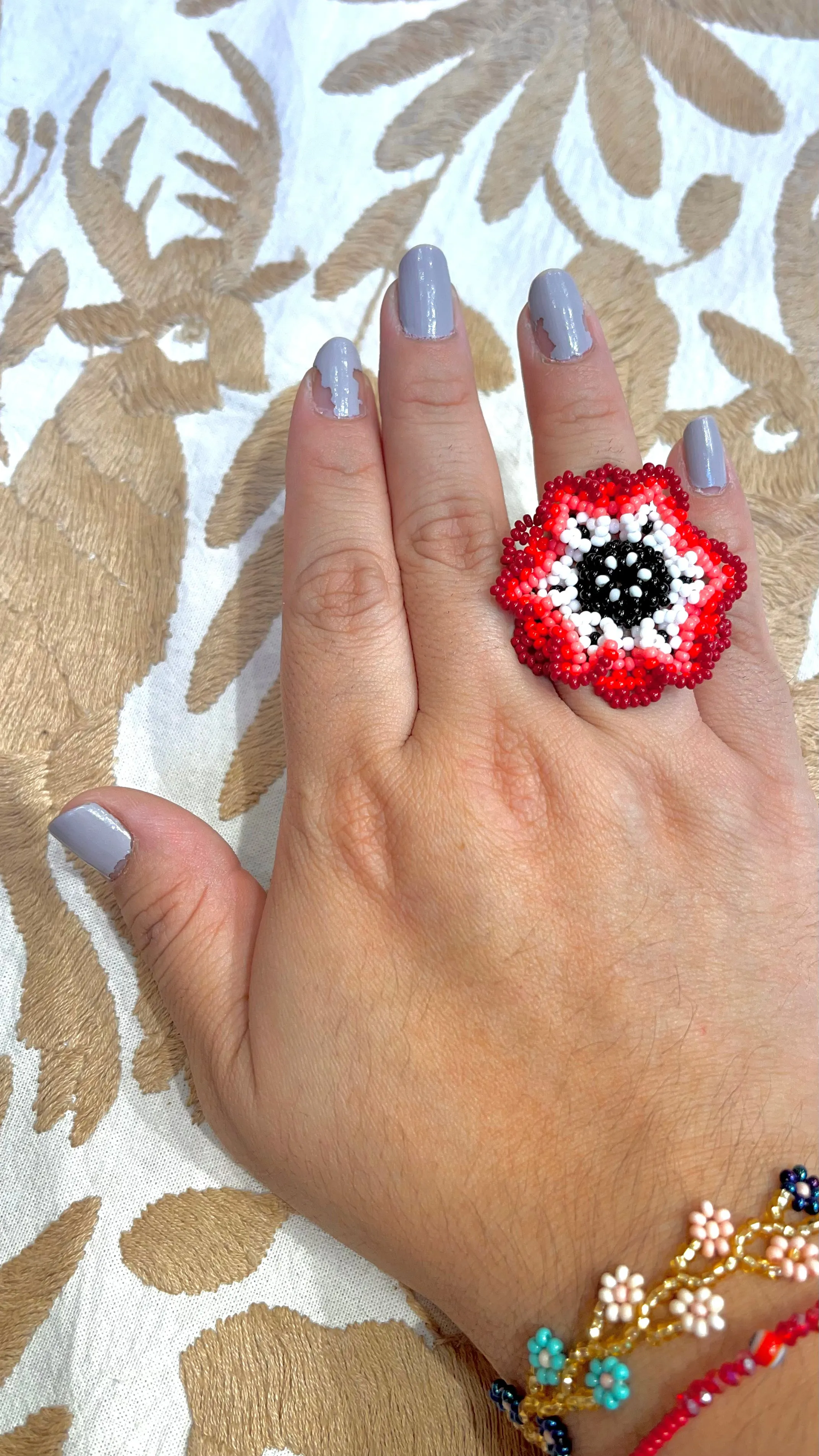 Colorful Beaded Flower Rings -- Guerrero, Mexico