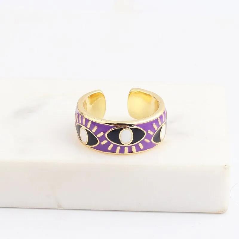 Colorful Engraved Lucky Eyes Enamel Rings