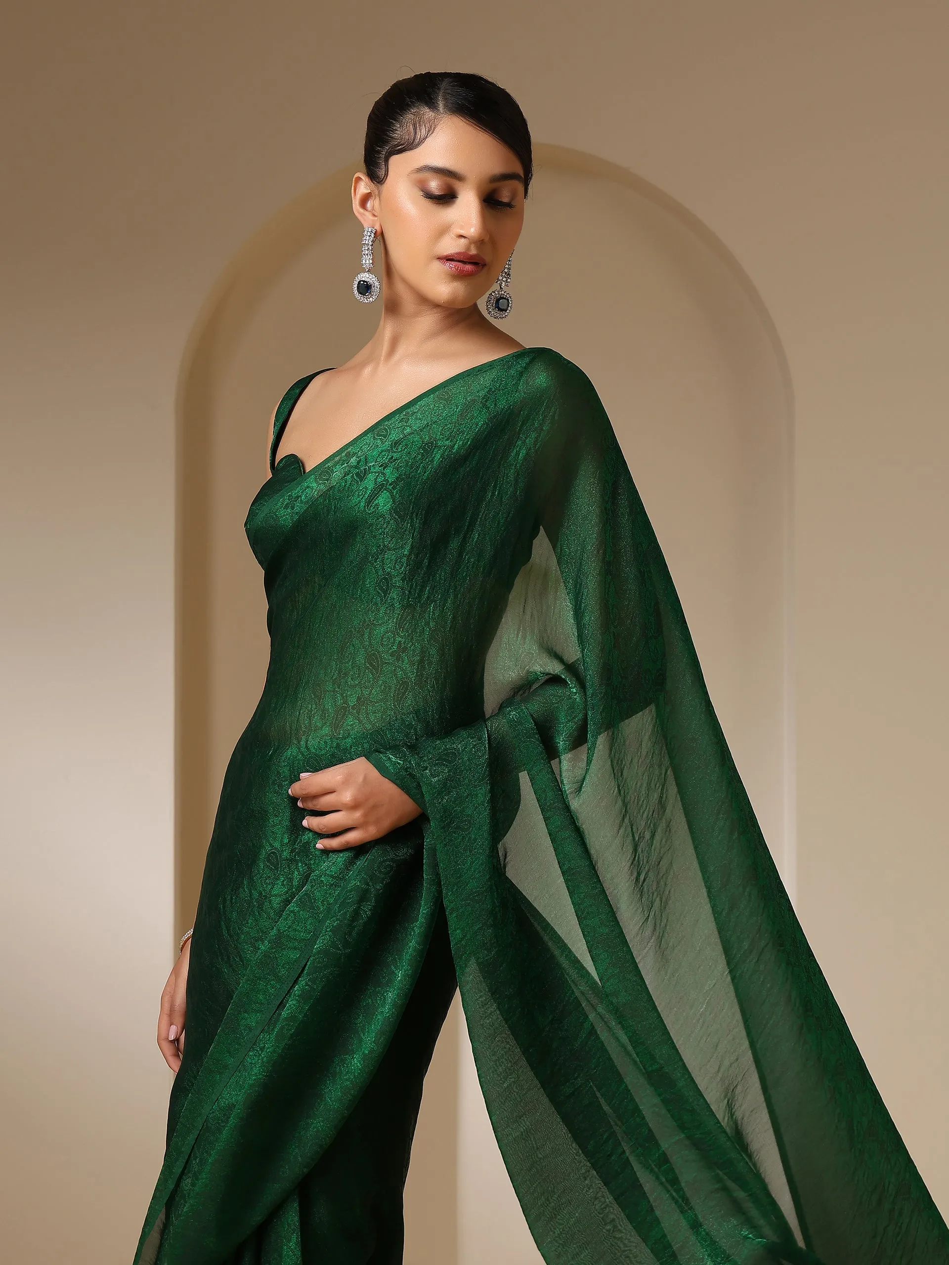 Colour Me Earth Green Paisley Chiffon Saree with Beaded Pendants & Blouse Fabric