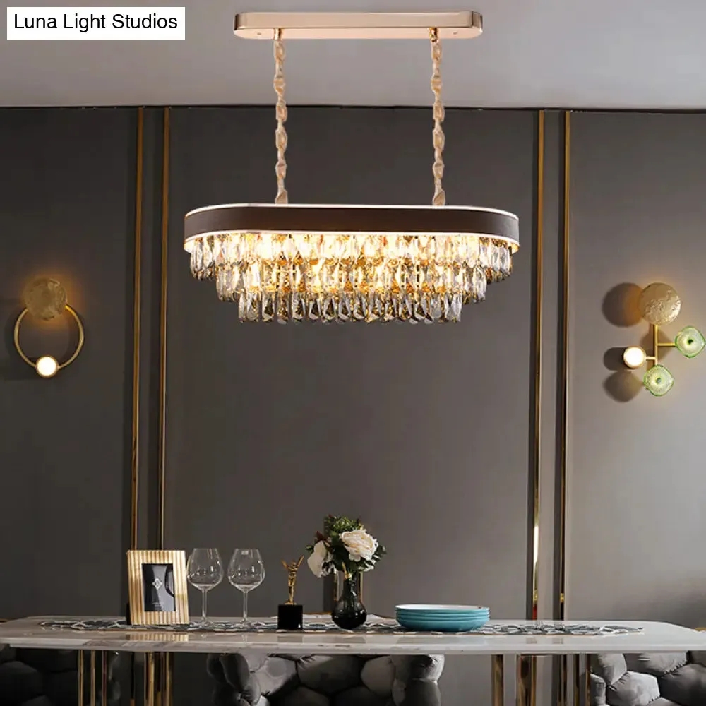 Contemporary Crystal Block Hanging Light Fixture - Oval Island Lamp with 12 Lights in Black-Gold