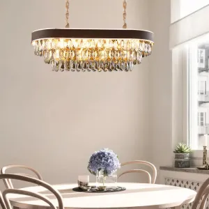 Contemporary Crystal Block Hanging Light Fixture - Oval Island Lamp with 12 Lights in Black-Gold