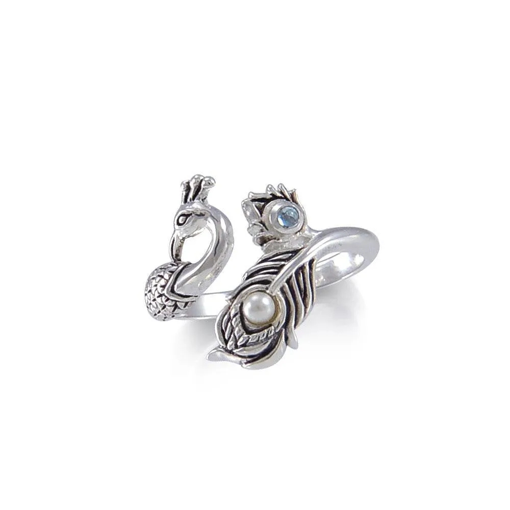 Dancing Peacock Ring in glimmering Silver with Gemstone TRI1814