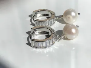 Earrings: Large single Pearl drop earrings on a baguette encrusted hoop - classic