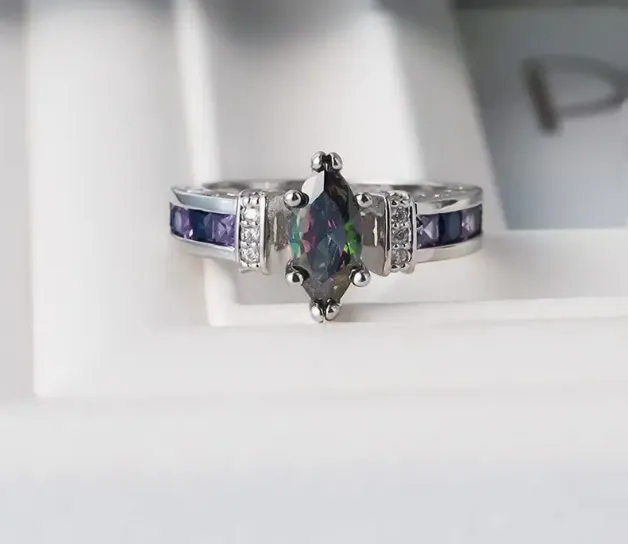 Elegant 925 Sterling Silvery Ring with Colorful Oval