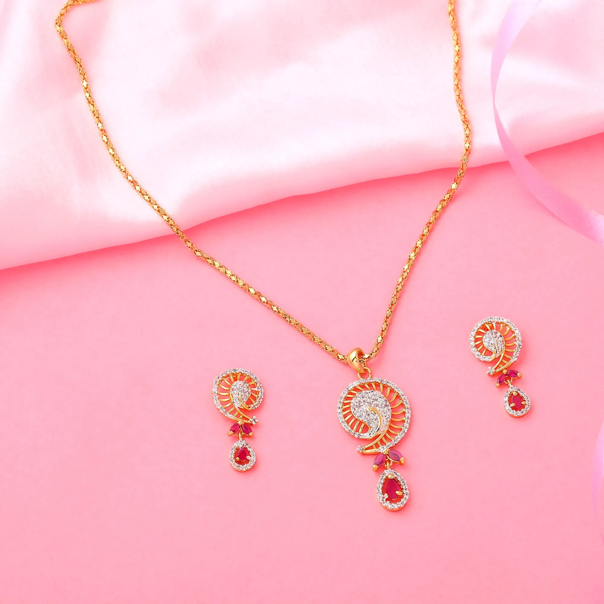 Estele - 24 KT gold plated Pendant Set with Austrian Crystals and Ruby stones for Women