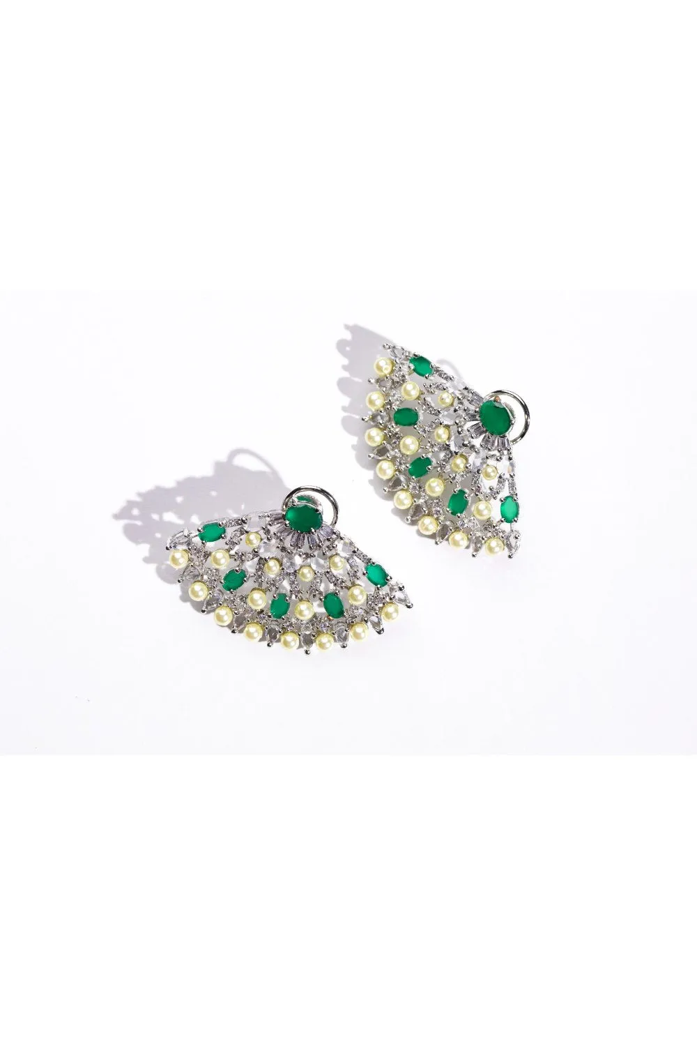 Exotic Japanese Fan Earrings with Emerald, Pearls, and Swarovski | Buy Jewelry Online