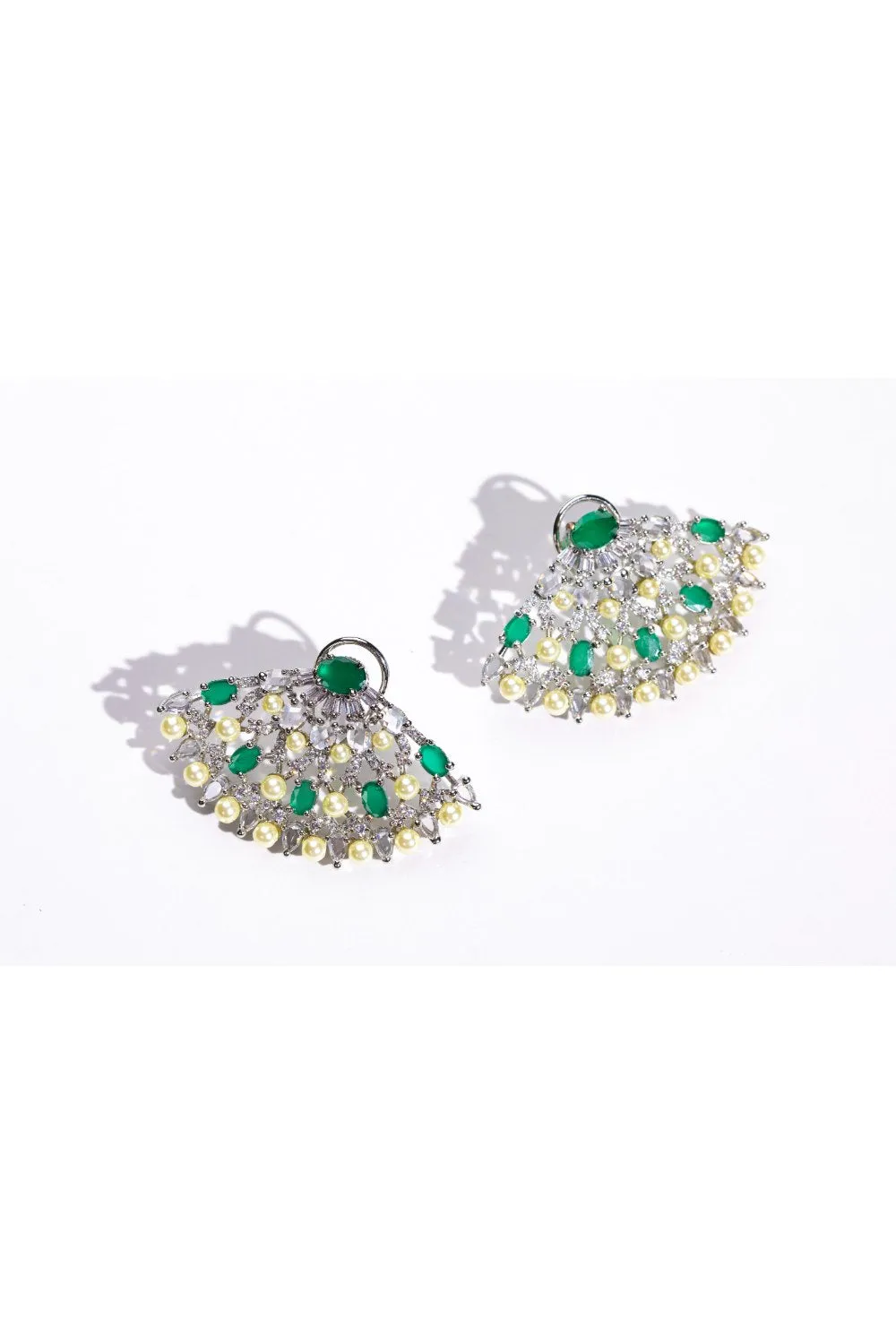 Exotic Japanese Fan Earrings with Emerald, Pearls, and Swarovski | Buy Jewelry Online