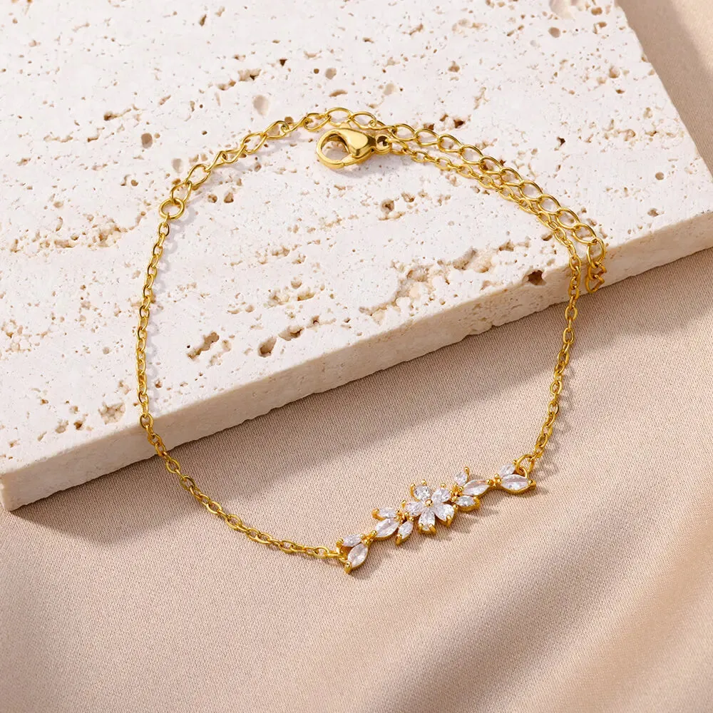 Fancy Crystal Flowers Stainless Steel Charm Bracelets for Women Girls Luxury Charm Jewelry Accessories