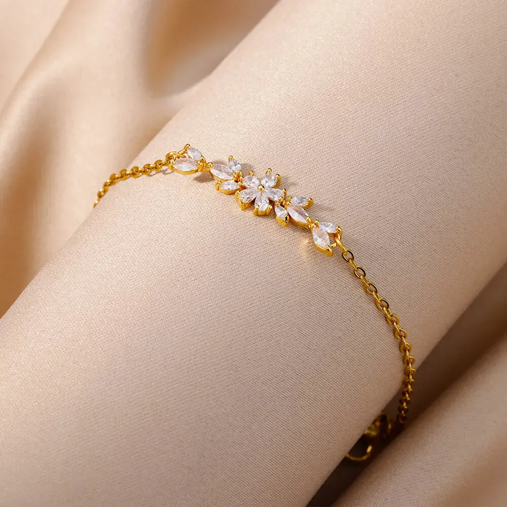Fancy Crystal Flowers Stainless Steel Charm Bracelets for Women Girls Luxury Charm Jewelry Accessories