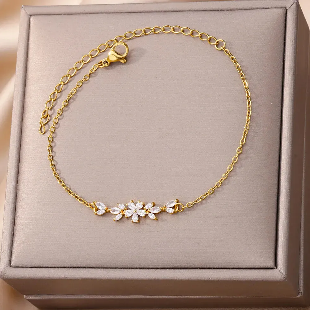 Fancy Crystal Flowers Stainless Steel Charm Bracelets for Women Girls Luxury Charm Jewelry Accessories