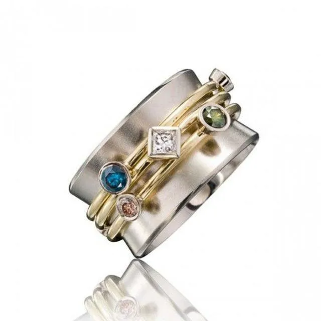 Fashion Gold Color Waist Line Geometric Colorful CZ Stone Ring
