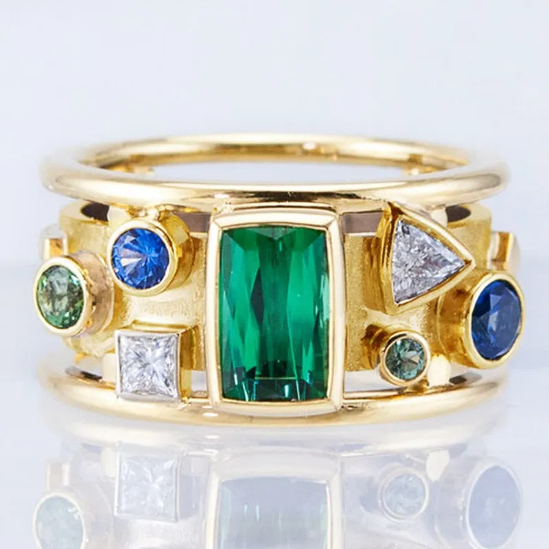 Fashion Luxury Gold Color with Geometric Colorful CZ Stone Novel  Wedding Band Rings